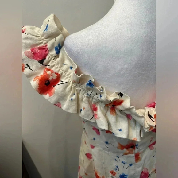 SAYLOR Floral Linen Mini Dress Ruffle Off the Shoulder Sleeves Floral Medium - Picture 4 of 7